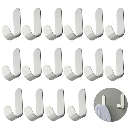 DALAETUS 16 Stück Haken Selbstklebend Set, 6 * 3 * 1.8cm Edelstahl Handtuchhaken, L-förmigen Klebehaken, Haken Ohne Bohren für Bad Küche Toilette Tütchen(Silber) von DALAETUS