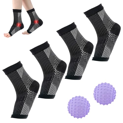 2 Paar Sprunggelenkbandage mit 2 Stück Massageball Set, Professionelle Knöchelbandage, Fußbandage bei Bandschäden für Plantarfasziitis, Arthritis, Verstauchte Knöchel, Achillessehne (Schwarz, M) von DALAETUS