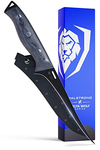 DALSTRONG Fillet Knife - 15 cm - Delta Wolf Series - High Chromium 9CR18MOV Steel - Black Titanium Nitride Coating - G10 Camo Handle - Leather Sheath von DALSTRONG