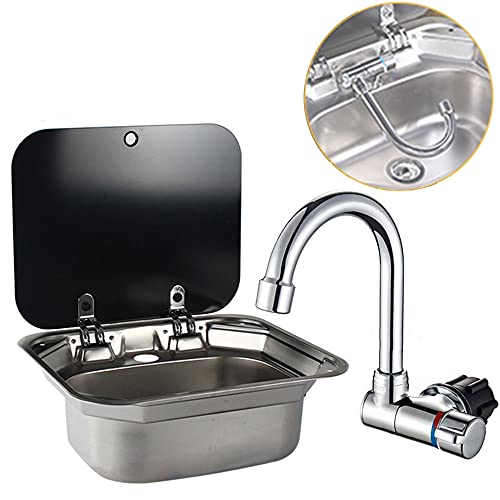 Einzelne Schüssel RV Hand Wash Rechteckige Becken Waschbecken mit Deckel für Fit für kompatibel mit RV Wohnwagen Camper Küche Edelstahl-Spüle 16.5"x 14.3 x 6.3" (with faucet U) von DALUOBO