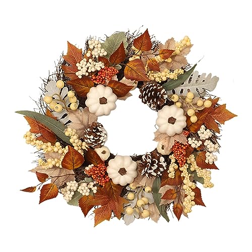 Herbstkranz Für Die Haustür, 45 cm, Wunderschöne Herbst-Türkränze, Elegante Orangefarbene Herbstblumen-Girlande, Weißer Kürbis, Herbsternte, Verandaa-Dekoration, Künstliche Blumen, Hängende Ornamente von DALYNN