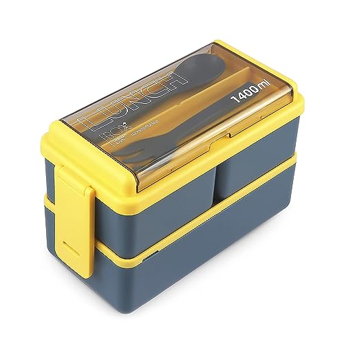 DAM 2-fach luftdichte Lunchbox, 1400 ml, mit Besteck, mikrowellengeeignet, 20 x 9,5 x 12 cm, Farbe: Marineblau von DAM
