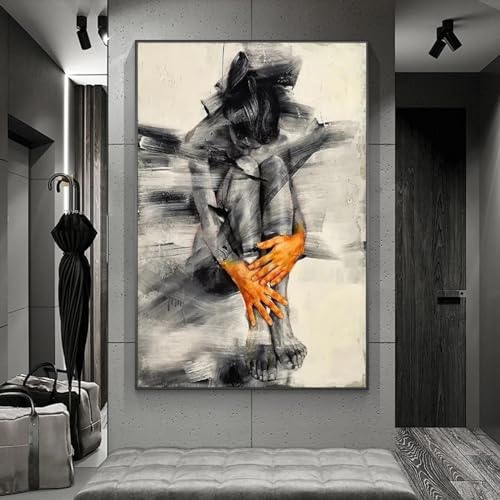 DAMAIART Abstrakte Frauenkunst, Poster und Drucke, Figur, Leinwandgemälde, Schwarz-Weiß-Wandkunst, Bild für Wohnzimmer, Heimdekoration, 70 x 100 cm, rahmenlos von DAMAIART