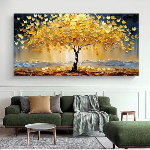 DAMAIART Abstraktes Leinwandgemälde mit goldenem Baum, reichhaltiger Geldbaum, Poster und Drucke, Wandkunst, Bild für Wohnzimmer, Schlafzimmer, Dekor, 75 x 140 cm, rahmenlos von DAMAIART