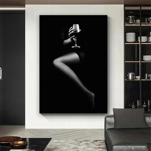 DAMAIART Schwarz-weißes Leinwandgemälde, sexy Frau, Mädchen, Weinglas, Körperkunst, ästhetisches Poster für moderne Schlafzimmer-Heimdekoration, 70 x 100 cm, rahmenlos von DAMAIART