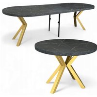 Damale Meble - Großer runder Marmor-Esstisch Schwarz, ausziehbar (Ø110/310 cm) mit goldenen X-Metallbeinen von DAMALE MEBLE
