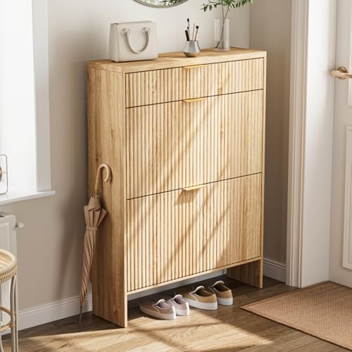 Geriffelter Schuhschrank mit 2 Klappschubladen und 1 Schublade, schmaler versteckter Schuhschrank aus Holz mit verstellbarer Ablage für den Eingangsbereich, freistehend, schlankes Schuhregal von DAMCROP