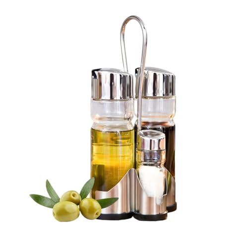 DAMDAM GO Öl- und Essig-Set, Ölkanne, Glas, Edelstahl, für Tisch, mit Ständer, Stahl und Transparent von DAMDAM GO