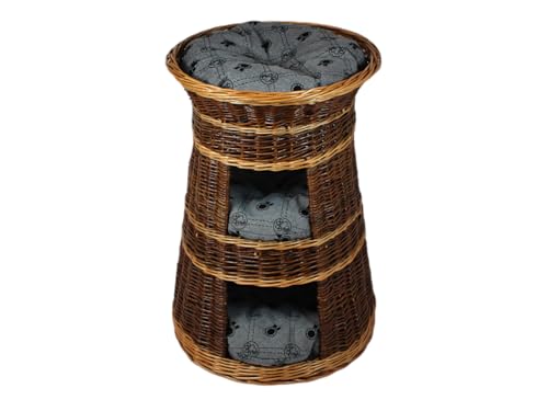 Katzenkorb zum Schlafen – Katzenhütte Indoor – Größe: 43 x 49 x 70 cm rund – Katzenhöhle aus Weide – Dreistufiges Bett für Hunde oder Katzen mit waschbaren Kissen in Hellgrau – Lackierter Korb von Damian-Wiklina