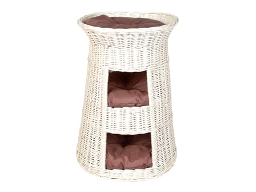 Katzenkorb zum Schlafen – Rund Katzenhütte Indoor – Katzenhöhle aus Weide – Dreistöckiges Hunde – oder Katzenbett – Wicker Farbe weiß – Braune Kissen Katzenkorb zum Schlafen – Rund Katzenhütte Indoor – Katzenhöhle aus Weide – Dreistöckiges Hunde – oder Katzenbett – Wicker Farbe weiß – Braune Kissen von Damian-Wiklina
