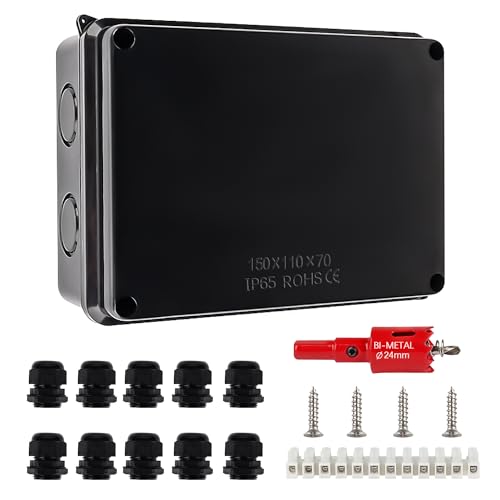 IP65 Wasserdichter Aufputz-Abzweigkasten, Damoron Aufputz Verteilerdose, Großer ABS-Elektrokasten Kabelanschluss im Freien, Externer Elektroanschlusskasten, Schwarz(150x110x70mm) von DAMORON