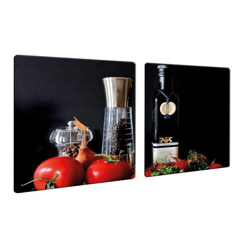DAMU | Herdabdeckplatte 2teilig 2x40x52 Herdabdeckung Ceranfeld Glasschneideplatte Ceranfeldabdeckung 80x52 Herdplattenabdeckung Kochfeld Abdeckung Schneidebrett Glasplatte Schwarz Tomate von DAMU