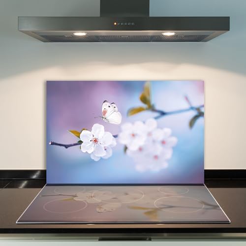 DAMU | Herdabdeckplatte Einteilig 80x52 Herdabdeckung Ceranfeld Glasschneideplatte Ceranfeldabdeckung Herdplattenabdeckung Kochfeld Abdeckung Schneidebrett Glasplatte Blumen Schmetterling Weiß Violett von DAMU