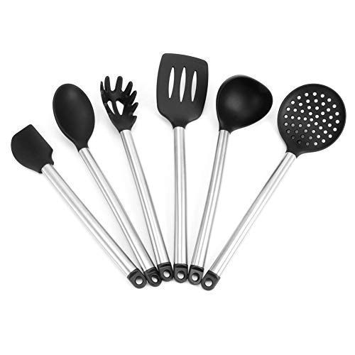 6 Stück Silikon Küchengeräte Set Non Stick Koch werkzeuge Backen Spatel Löffel mit Edelstahl Griff beständig Geschirrs püler sicher Küchen zubehör für Home Chef Schwarz von DANAIXZ