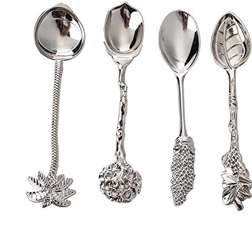 Vintage Mini Alloy Kaffee Tee Löffel Set mit 4 eleganten Designs zur Verkostung von Dessert Ice Cream Joghurt Kaffee Rührende Utensilien für Home Bar Café Café Gold Silber Farbe (Silber) von DANAIXZ
