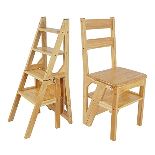DANBOOL Stufen Klappleiter und Stuhlkombination, natürliches Massivholz, Sicherheitsaufstiegs-Tritthocker, Leiterstühle, tragbare Trittleiterstühle für Zuhause/Küche/Büro/Bibliothek von DANBOOL