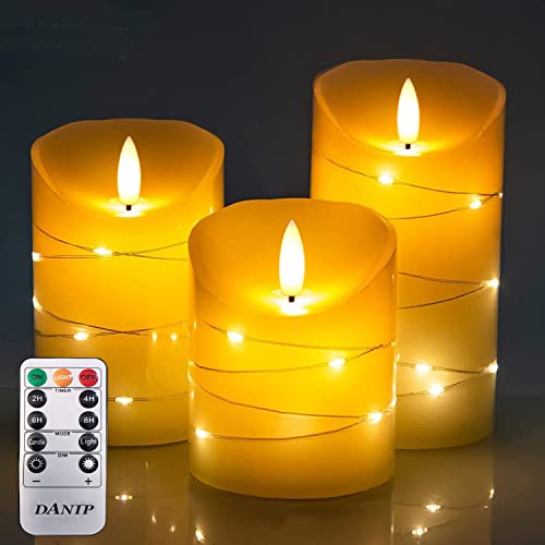 LED flammenlose Kerze mit eingebetteter Lichterkette, 3-teilige LED-Kerze mit Fernbedienung, 24-Stunden-Timer-Funktion, tanzende Flamme, echtes Wachs, batteriebetrieben. von DANIP