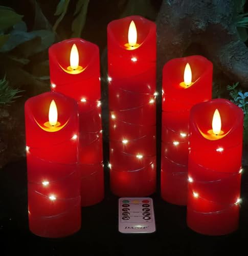 DANIP Rote LED-Kerze mit eingebauter Lichterkette 5 LED-Kerze mit 10-Tasten-Fernbedienung 24-Stunden-Timer-Funktion Tanzende Flamme Echtwachs Batteriebetrieben. von DANIP