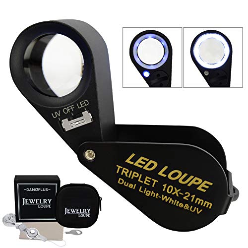 Faltbare Lupe/Vergrößerungsglas (10x, 21 mm) mit UV-Licht und LEDsmit Triplet Objektiv von DANOPLUS