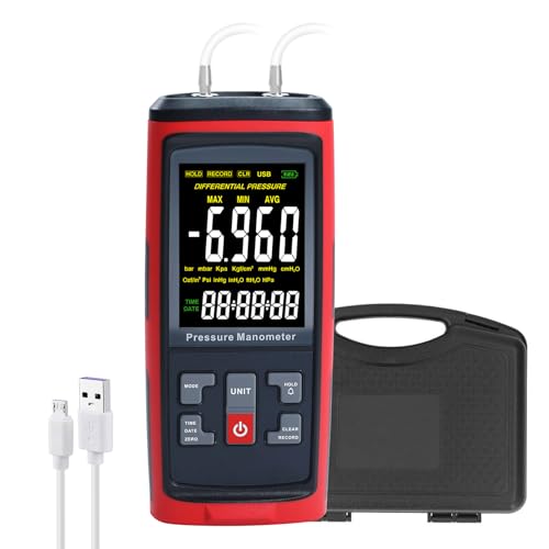 Manometer Datenlogger Digital Manometer Gasdruckprüfer mit ±200inH2O Messbereich, Differenzdruckmessgerät, 13 wählbare Einheiten, Manometer HVAC mit großem LCD-Bildschirm von DANOPLUS