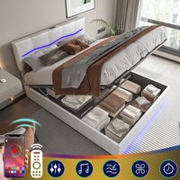 Bett mit Stauraum 180x200cm, mit LED-Beleuchtung, hydraulischem Stauraum, USB-Ladefunktion, Lattenrost, gepolstertes Bett in Kunstleder - Beige von DANS LES NUAGES