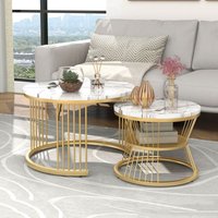 Dans Les Nuages - Couchtisch 2er Set 70/45cm, rund, glänzende Tischplatte aus pvc mit Marmor-Effekt, Metallfüße, modernes Design - Gelb von DANS LES NUAGES