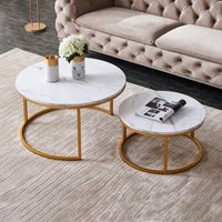 Dans Les Nuages - Couchtisch 2er Set 80/60 cm, rund, Tischplatte aus Holz mit Marmor-Effekt aus pvc und Metallbeinen, industrielles Design - Gelb von DANS LES NUAGES