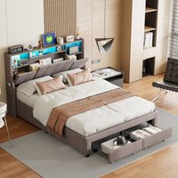 Doppelbett 160x200 cm - Polsterbett mit 2 Schubladen und Stauraum, ferngesteuerte LED-Beleuchtung, USB-Ladefunktion, Lattenrost - Grau von DANS LES NUAGES