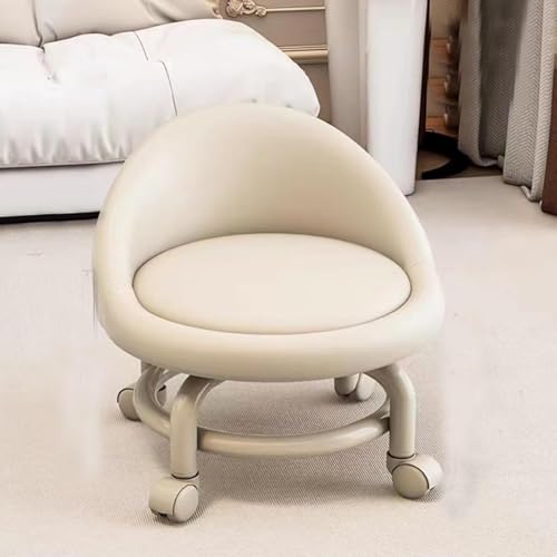 DANTTY Schönheitshocker, Hocker auf Rädern, niedriger Rollhocker, Fußhocker Niedriger Rollhocker mit Rad und Rückenlehne, Fußhocker, Rollsitz, kurzer Rollfußhocker mit Universalrollen(Off-White) von DANTTY