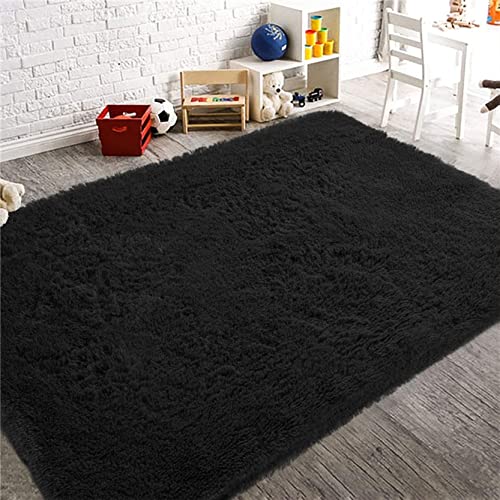 DANWU Modern Teppiche 80x200cm Flauschig Weiche Küchenvorleger Waschbar rutschfest Kein Haarausfall für Badezimmer, Kinderzimmer oder Flur, Schwarz von DANWU