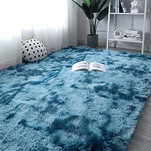 DANWU Plüsch Teppich 100x140cm Hochflor Flauschig Teppich Wohnzimmer Waschbar rutschfest für Wohnzimmer, Esszimmer, Schlafzimmer oder Kinderzimmer, Dunkelblau von DANWU