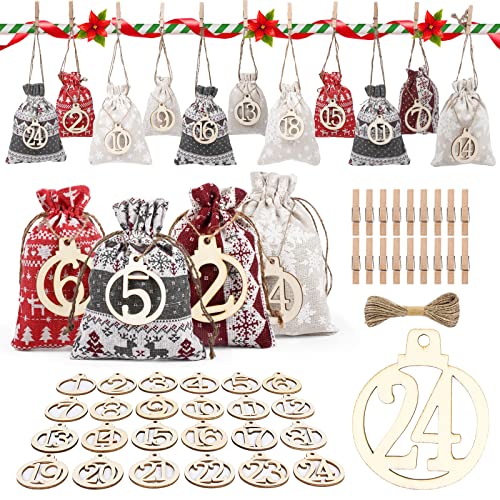 24 Adventskalender zum Befüllen, DIY Sackleinen Stoff befüllbar, Weihnachtsadventskalender spezielle Holzanhänger und 24 Holzclips Stoffbeutel, 2023 Weihnachten Geschenksäckchen Bastelset von DANXIAN