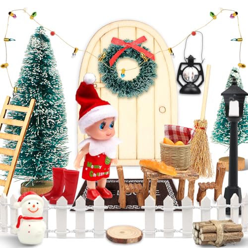 DANXIAN 24 Stück Wichteltür Zubehör Weihnachten Set, Miniatur Wichtel Zubehör Weihnachten, Fenster, Zaun, Weihnachtsbaum,Teppich, Laterne, Postfach, Kranz, Stiefel, Feentür Dänische Weihnachtsdeko von DANXIAN