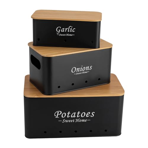 DAOHHFO Kartoffel Aufbewahrungsbox, Vorratsdose 3er Set, Küche Aufbewahrung, Kartoffeln, Zwiebeln und Knoblauch Aufbewahrung, Hält Gemüse Länger Frisch (Schwarz) von DAOHHFO