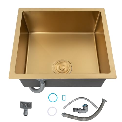 DAOHHFO Küchenspüle Edelstahl Spülbecke 3L, Gold-Vorbereitungsspüle 50×45cm 1 Becken Kondensationsbeschichtun mit Filterkorb-Kit, Einbauspüle Aufbauspüle Spülbecken Spüle Küchenspüle von DAOHHFO
