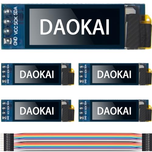 DAOKAI 0,91 Zoll OLED Display 128 x 32 Pixel I2C OLED Anzeigemodul Bildschirm Treiber Winziges Modul DC 3,3 V bis 5 V Weiß Zeichen, kompatibel mit Arduino(5 Stück) von DAOKAI