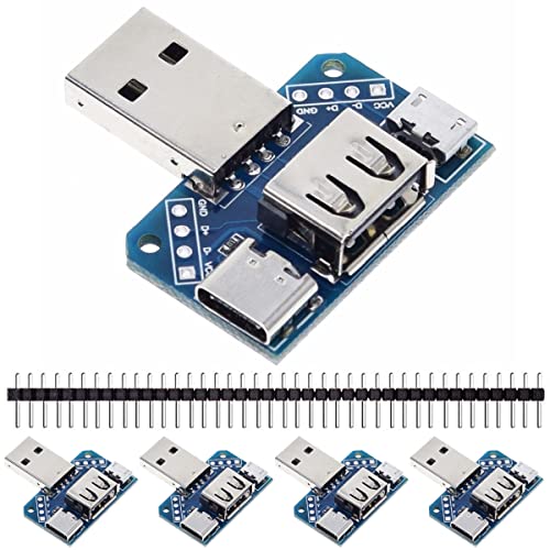 DAOKAI 5 Stück USB 4 in 1 auf DIP-Adapter 2,54 mm 8-poliger Typ-C/Typ-A-Stecker/Typ-A-Buchse/Micro-USB-Buchse auf DIP-Breakout-Board für DIY-Netzteil mit 40-Pin-Header von DAOKAI