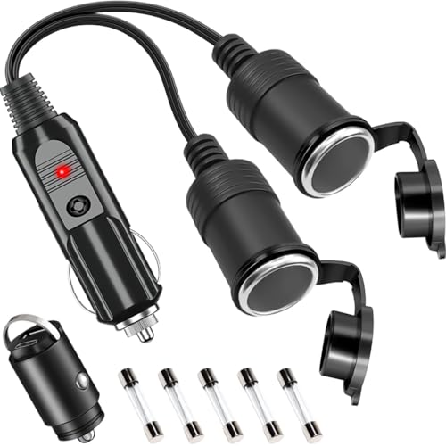 DAOKAI Auto Zigarettenanzünder Stecker 1 bis 2 Adapter,DC 12V 24V Auto Motorrad Zigarettenanzünder Buchse 2-Wege-Splitter Adapter Verlängerungskabel Hohe Leistung mit wasserdichter Kappe von DAOKAI