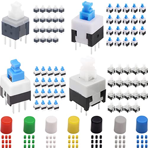 DAOKAI DPDT Drucktastenschalter Mikroschalter Mini Schalter 6 PIN Selbsthemmender(8.5 x 8.5 mm, 8 x 8 mm, 7 x 7 mm, 5.8 x 5.8 mm) Schalter-Kit,mit Schalterkappe(80-teiliges) von DAOKAI