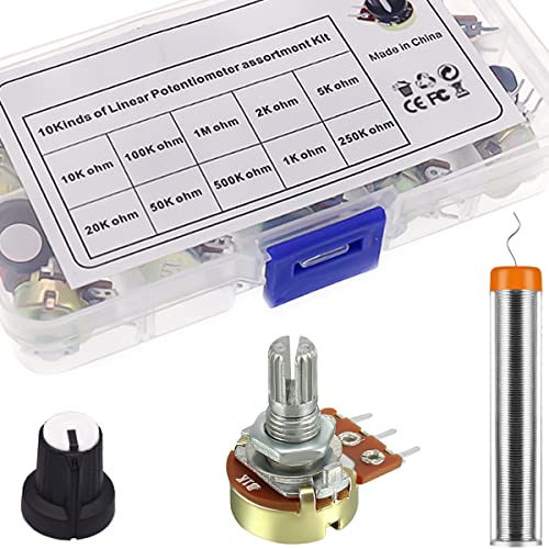 DAOKAI Potentiometer Kit,B1K 2K 5K 10K 20K 50K 100K 250K 500K 1M Ohm Linear 3 pin Variable Resistors Taper Potenziometer Drehpotentiometer mit Knöpfen,für Multimedia-Audio von DAOKAI