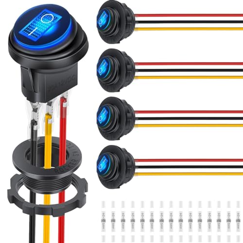 DAOKAI Runder Wippschalter 12V 20A Wasserdicht Beleuchtet Rundes Kippschalter 2 Positionen EIN/Aus Selbsthemmung Blaue LED für Auto, Boot, Haushaltsgeräte(5 Stück) von DAOKAI