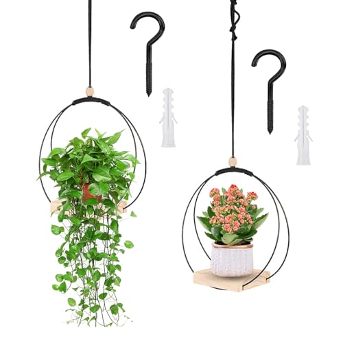 DAOOZHU Blumenampel hängend innen,hängeampel innen,Hängeblumentöpfe,Tragkraft von bis zu 5 kg mit Holzsockel,Metallring und Aufhängehaken von DAOOZHU