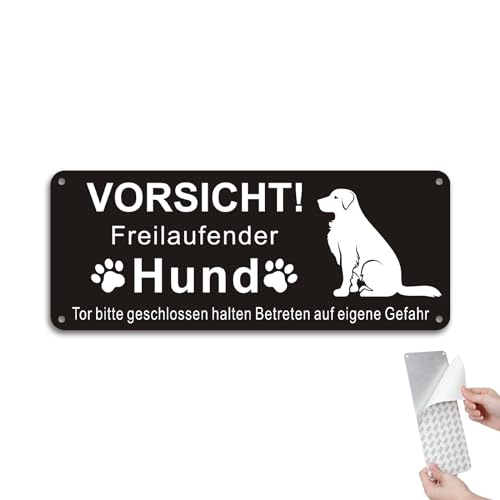 DAOUZL Vorsicht Freilaufender Hund, 1 Stück Achtung Hund Schild, Schild Warnung vor Dem Hund, Warnschild Hund Aluminium mit Selbstklebend und Vorgebohrten Löchern, 25x 10cm, Innen/Außen (1) von DAOUZL