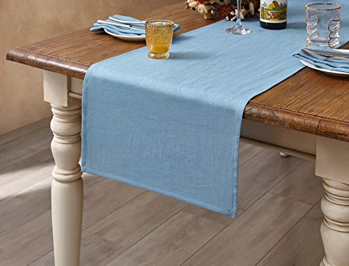 DAPU Tischläufer Leinen, 100% Französisches Naturleinen 40 × 140cm Tisch Läufer, Abwaschbare Moderne Einfarbige Tischdecke Leinenoptik für Essentisch Hochzeit Party, Blau von DAPU