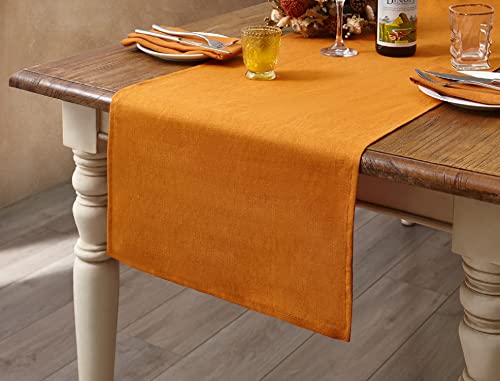 DAPU Tischläufer Leinen, 40x140cm Abwaschbare Tisch Läufer aus 100% Französisches Naturleinen, Moderne Einfarbige Tischdecke Leinenoptik für Essentisch Hochzeit Party, Orange von DAPU