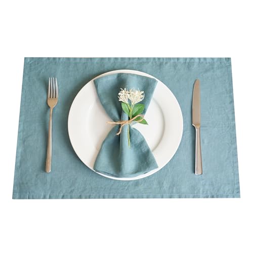 DAPU Tischsets Leinen, 6-er Set 100% reines Leinen 30x46 cm Abwaschbare Platzsets mit Öko-Tex 100 Standard, Weiche Atmungsaktive Platzdeckchen, Petrol von DAPU