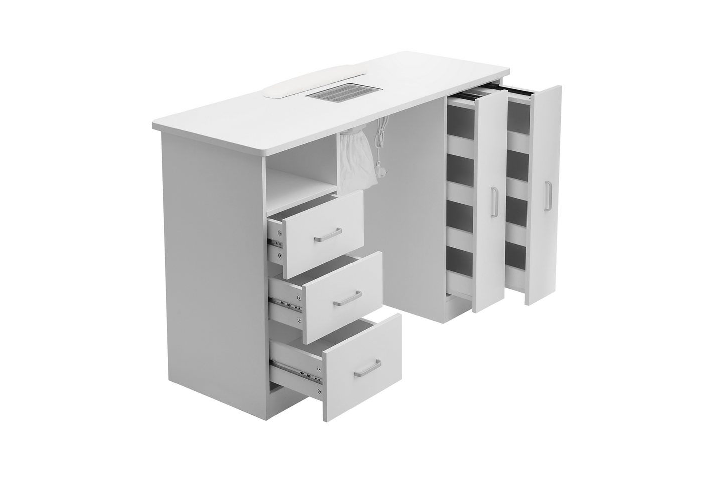 DARDVORLAG Arbeitstisch Stabiler Studiotisch, Profi Maniküretisch mit Absaugung (1 Tisch), mit 3 Schubladen und 2 Schränke, 120×45×80cm, weiß von DARDVORLAG