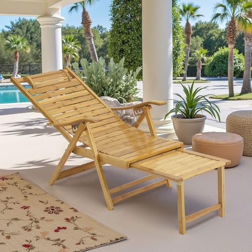 DARDVORLAG Bambus Sonnenliege Klappbar Relaxliege mit 5-Fach Verstellbarer Rückenlehne, ausziehbarer Fußstütze, ergonomisch und stabil, belastbar bis 150 kg, fertig montiert von DARDVORLAG