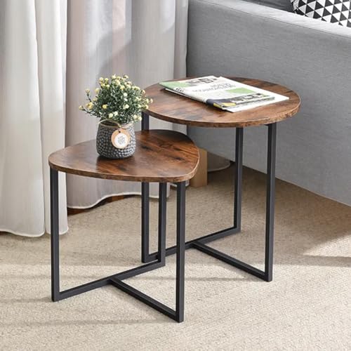 DARDVORLAG Couchtisch 2er Set – Beistelltisch im Vintage-Industriedesign, rund & dreieckig, braun, Metallgestell & MDF, Wohnzimmertisch Nesting Tische modern von DARDVORLAG