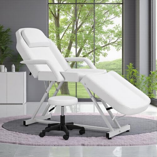 DARDVORLAG Kosmetikliege Massageliege klappbar höhenverstellbar 3 Zone mit kosmetikhocker (Beige, 182cmX82cmX74cm) von DARDVORLAG